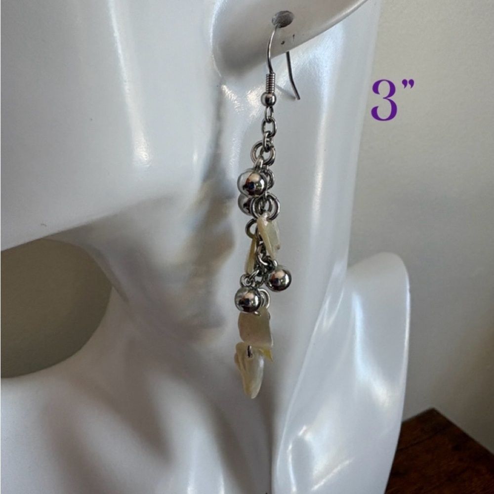 Vintage Beaded & Quartz Milky White Dics Silver Dangle Earrings